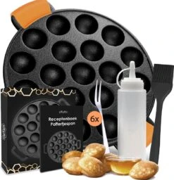 Bestsellers 13 Ocina Poffertjespan – Combo Pack – 19 Poffertjes – Poffertjesmaker – Poffertjespan Inductie – Poffertjespan Electrisch – Gietijzeren Pan - Inclusief Doseerfles, Handvaten, 6x Poffertjesvorken En Invetkwast – Gratis Receptenboek