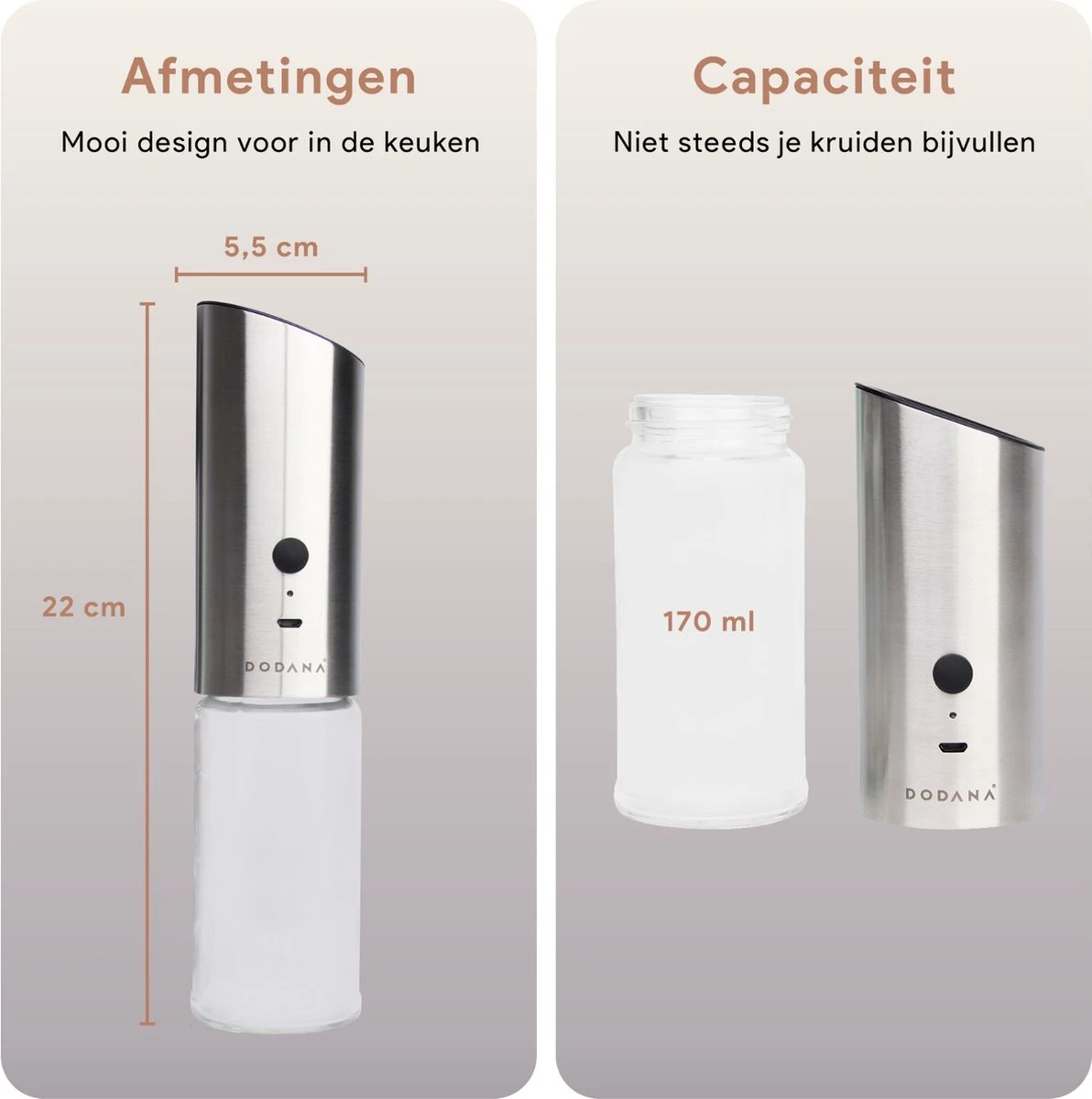 DODANA Premium Peper - & Zoutmolen Elektrisch - 1 Stuk - Pepermolen - Zoutmolen - Oplaadbaar - USB - Elektrische Pepermolen - RVS - Zwaartekracht Functie - LED Lamp - Nl Handleiding - Incl Borsteltje 4 DODANA Premium Peper - & Zoutmolen Elektrisch - 1 Stuk - Pepermolen - Zoutmolen - Oplaadbaar - USB - Elektrische Pepermolen - RVS - Zwaartekracht Functie - LED Lamp - Nl Handleiding - Incl Borsteltje - Afbeelding 2