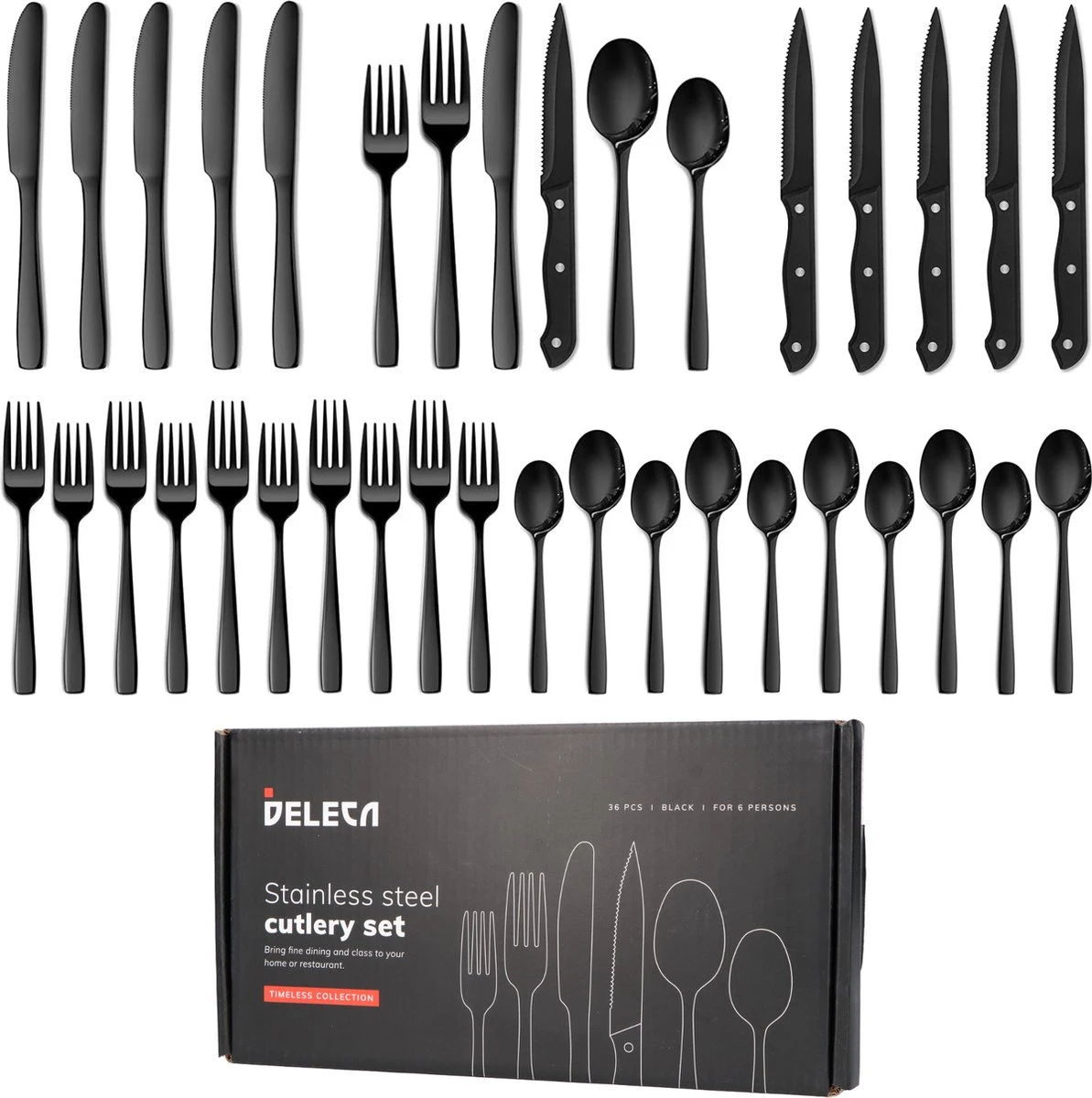 Deleca 6 Persoons Bestekset (36-delig) - Lepels, Messen, Vorken & Steakmessen - Vaatwasserbestendig - Zwart / RVS 2 Deleca 6 Persoons Bestekset (36-delig) - Lepels, Messen, Vorken & Steakmessen - Vaatwasserbestendig - Zwart / RVS