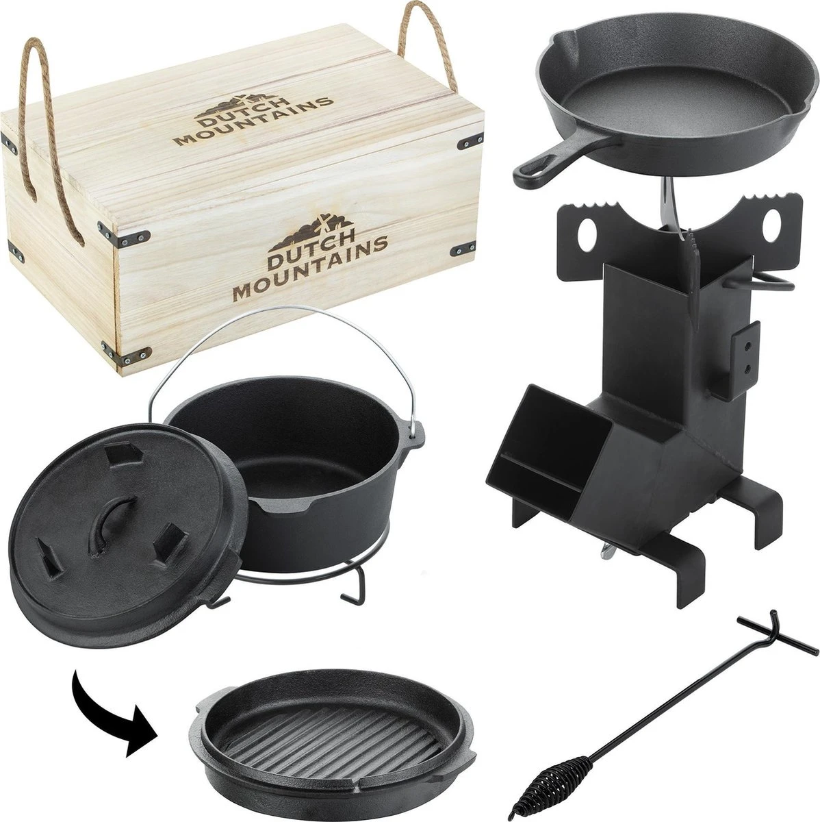 Dutch Mountains Gietijzeren Pannenset 7-delig - Dutch Oven – Braadpan - Grillpan - Hapjespan - Kookset In Houten Transportkist - Deksellifter - Brander 3 Dutch Mountains Gietijzeren Pannenset 7-delig - Dutch Oven – Braadpan - Grillpan - Hapjespan - Kookset In Houten Transportkist - Deksellifter - Brander