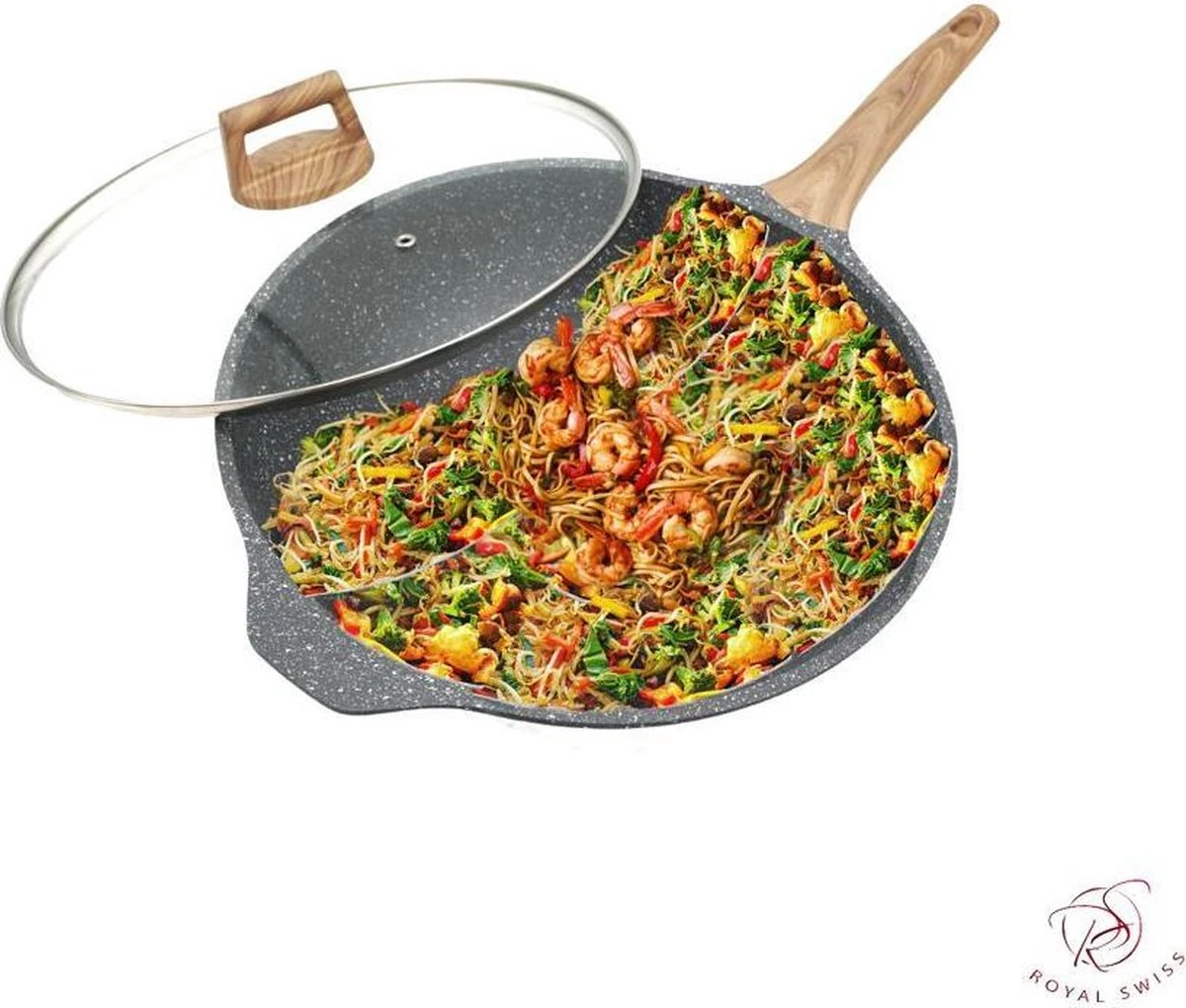 Royal Swiss Marble Coating Wokpan - Met Glazen Deksel - Imitatie Houten Handvat - 32 Cm 3 Royal Swiss Marble Coating Wokpan - Met Glazen Deksel - Imitatie Houten Handvat - 32 Cm
