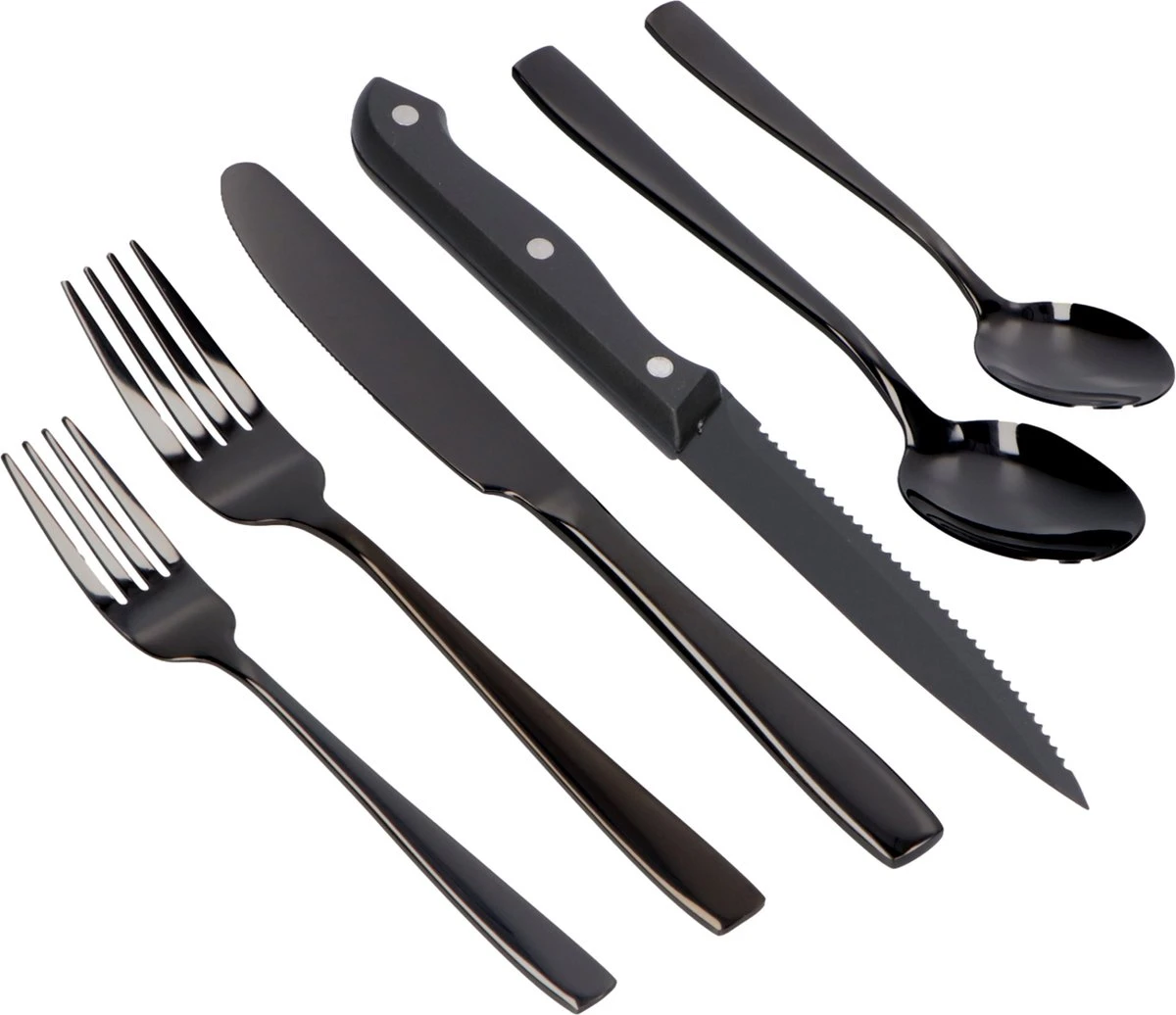 Deleca 6 Persoons Bestekset (36-delig) - Lepels, Messen, Vorken & Steakmessen - Vaatwasserbestendig - Zwart / RVS 9 Deleca 6 Persoons Bestekset (36-delig) - Lepels, Messen, Vorken & Steakmessen - Vaatwasserbestendig - Zwart / RVS - Afbeelding 8