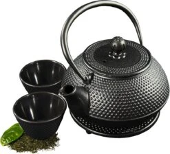 SakuraTea - Theepot Set - 4-delig - Gietijzer - Zwart - 0.8L - 2 Kopjes (100ml) -Woonkeuken Winkel 1200x1086