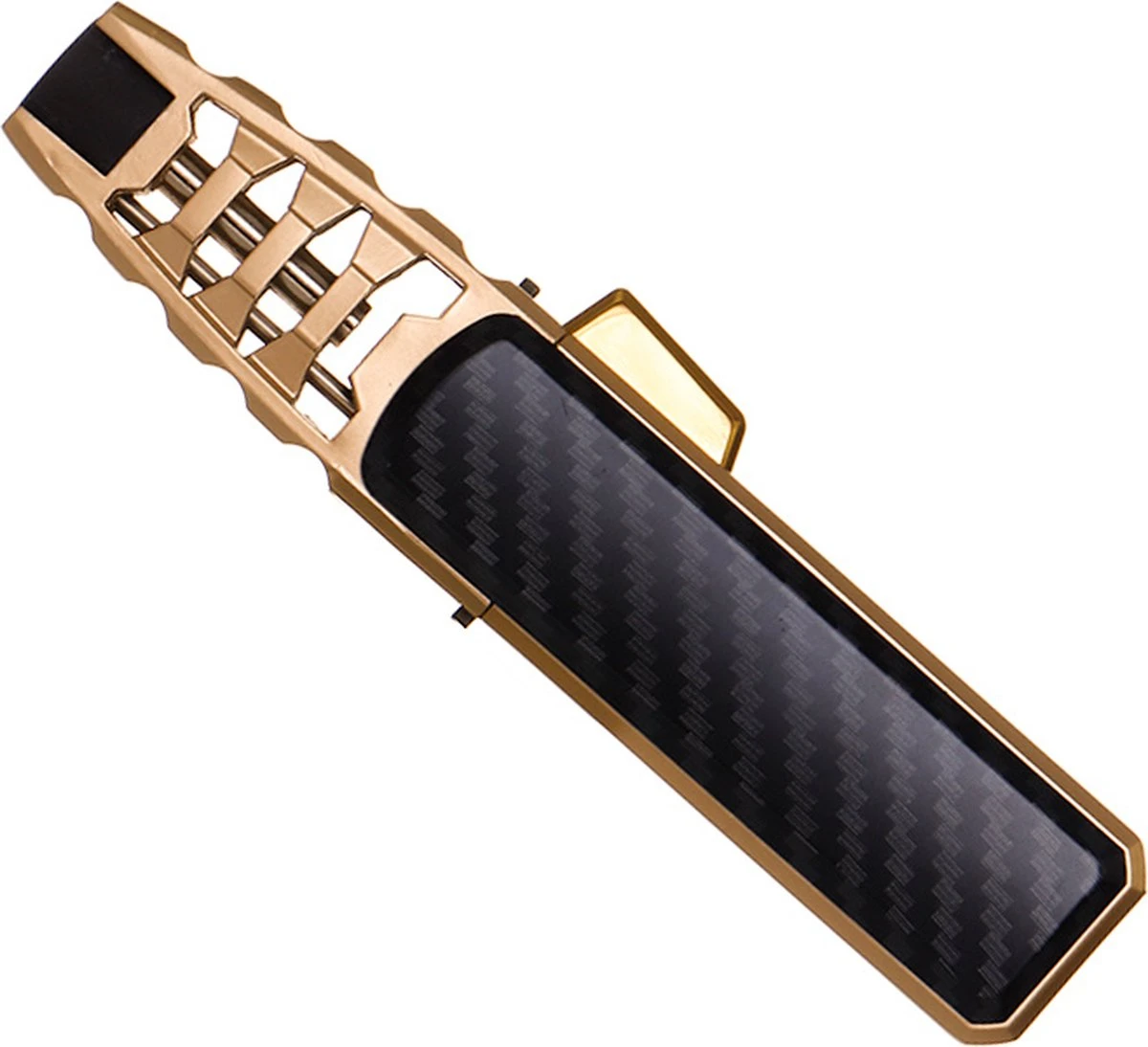 Merkloos Turbo Jetflame Aansteker - Gasbrander - Vuurwerk Torch - Crème Brûlée Brander - BBQ En Sigaren Aansteker - Windproof - Carbon Met Goudkleurige Metalen Behuizing 8 Merkloos Turbo Jetflame Aansteker - Gasbrander - Vuurwerk Torch - Crème Brûlée Brander - BBQ En Sigaren Aansteker - Windproof - Carbon Met Goudkleurige Metalen Behuizing - Afbeelding 6