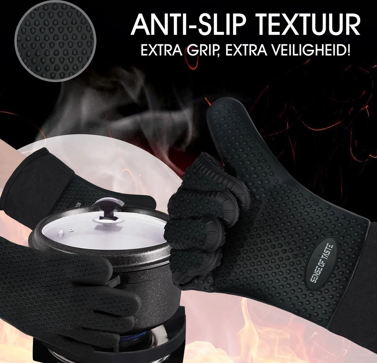 Sense Of Taste Ovenwanten - 2 Stuks - Ovenhandschoenen - Hittebestendig - 230°C - Siliconen - Zwart - Koken - Extra Lang 10 Sense Of Taste Ovenwanten - 2 Stuks - Ovenhandschoenen - Hittebestendig - 230°C - Siliconen - Zwart - Koken - Extra Lang - Afbeelding 8