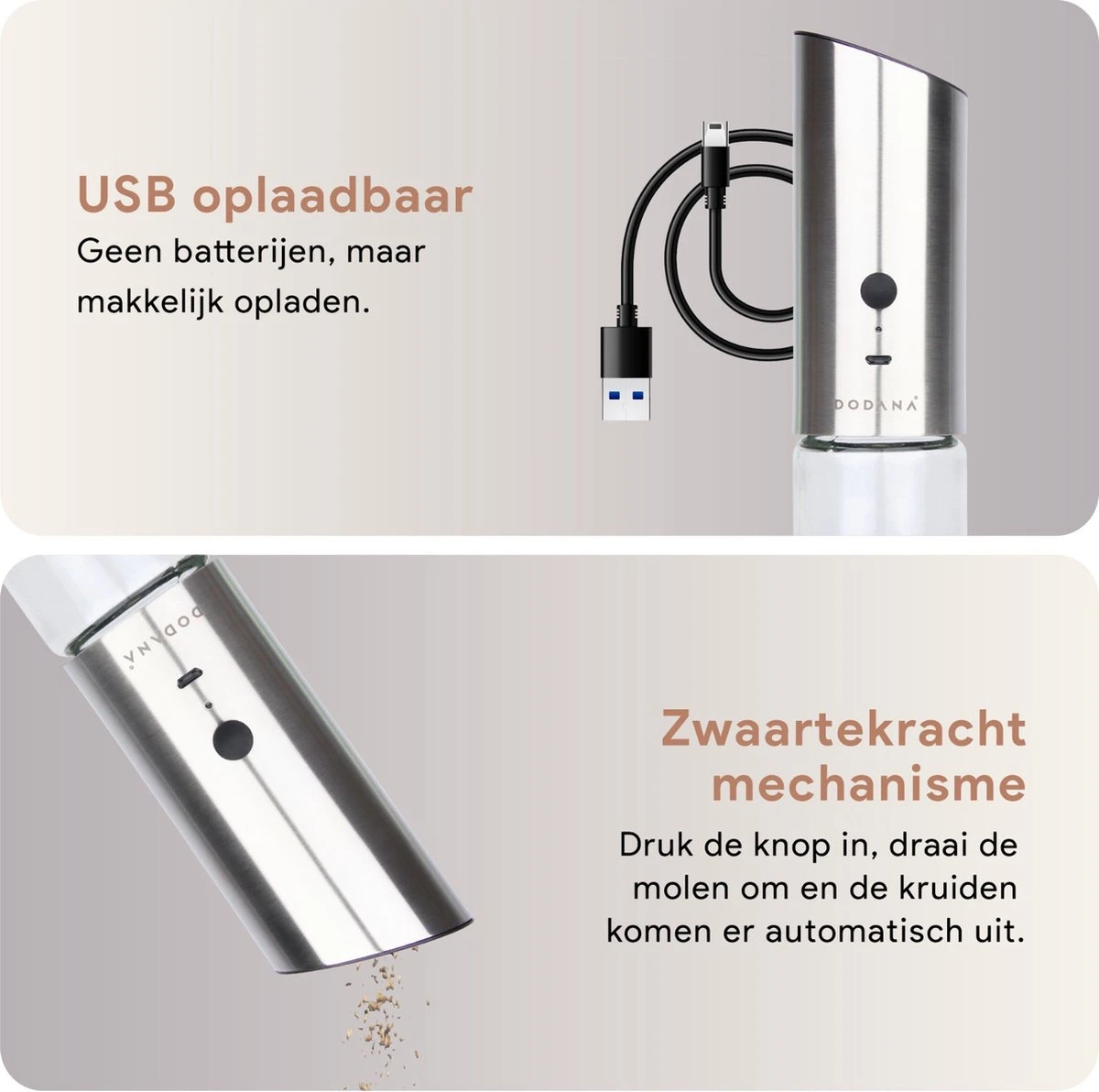 DODANA Premium Peper - & Zoutmolen Elektrisch - 1 Stuk - Pepermolen - Zoutmolen - Oplaadbaar - USB - Elektrische Pepermolen - RVS - Zwaartekracht Functie - LED Lamp - Nl Handleiding - Incl Borsteltje 6 DODANA Premium Peper - & Zoutmolen Elektrisch - 1 Stuk - Pepermolen - Zoutmolen - Oplaadbaar - USB - Elektrische Pepermolen - RVS - Zwaartekracht Functie - LED Lamp - Nl Handleiding - Incl Borsteltje - Afbeelding 4