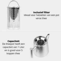 Castagnola Theepot Met Filter – Theekan – Theepot Dubbelwandig – Theepot Roestvrijstaal – Hoogwaardig RVS – 1 Liter – 5 Kopjes Thee – Zilver 13 Castagnola Theepot Met Filter – Theekan – Theepot Dubbelwandig – Theepot Roestvrijstaal – Hoogwaardig RVS – 1 Liter – 5 Kopjes Thee – Zilver -Woonkeuken Winkel 1200x1195 7