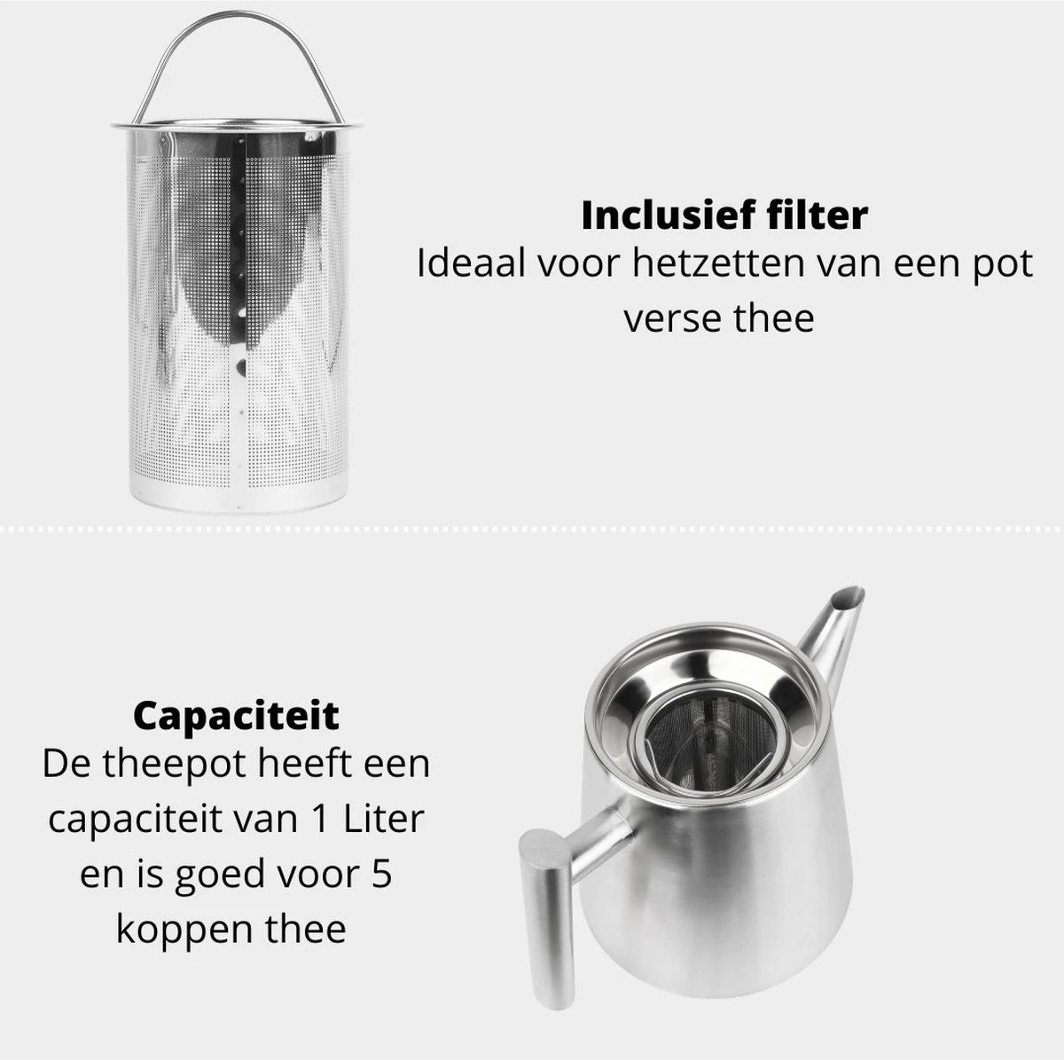 Castagnola Theepot Met Filter – Theekan – Theepot Dubbelwandig – Theepot Roestvrijstaal – Hoogwaardig RVS – 1 Liter – 5 Kopjes Thee – Zilver 8 Castagnola Theepot Met Filter – Theekan – Theepot Dubbelwandig – Theepot Roestvrijstaal – Hoogwaardig RVS – 1 Liter – 5 Kopjes Thee – Zilver - Afbeelding 6