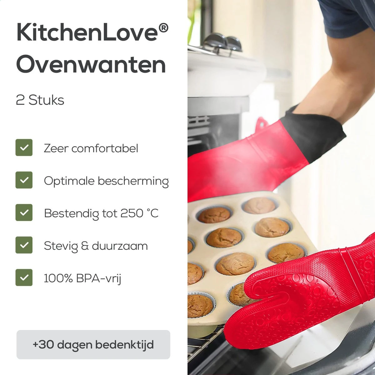 KitchenLove Ovenwanten - 2 Stuks Ovenhandschoenen - Hittebestendig Tot 250 °C - Siliconen - Rood 9 KitchenLove Ovenwanten - 2 Stuks Ovenhandschoenen - Hittebestendig Tot 250 °C - Siliconen - Rood - Afbeelding 7