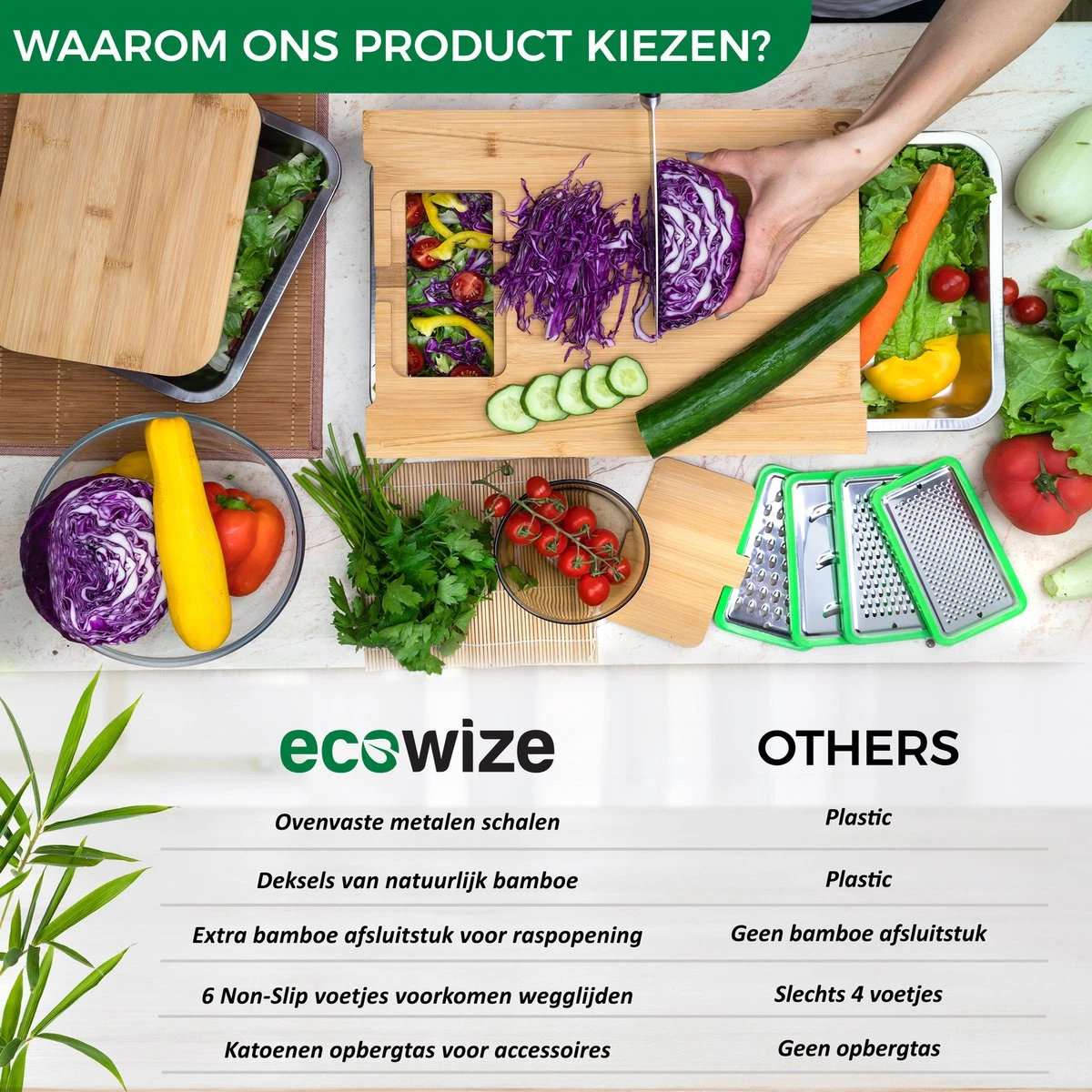 Ecowize 3-in-1 Bamboe Snijplank Met Opvangbak - Snijplank Hout Incl. 3 Roestvrijstalen Opvangbakjes Met Bamboe Deksel, 4 Inzetbare Raspen - Groentesnijder, Hakblok, Borrelplank, Tapasplank, Broodplank - 40x30cm - Duurzaam Cadeau 4 Ecowize 3-in-1 Bamboe Snijplank Met Opvangbak - Snijplank Hout Incl. 3 Roestvrijstalen Opvangbakjes Met Bamboe Deksel, 4 Inzetbare Raspen - Groentesnijder, Hakblok, Borrelplank, Tapasplank, Broodplank - 40x30cm - Duurzaam Cadeau - Afbeelding 2
