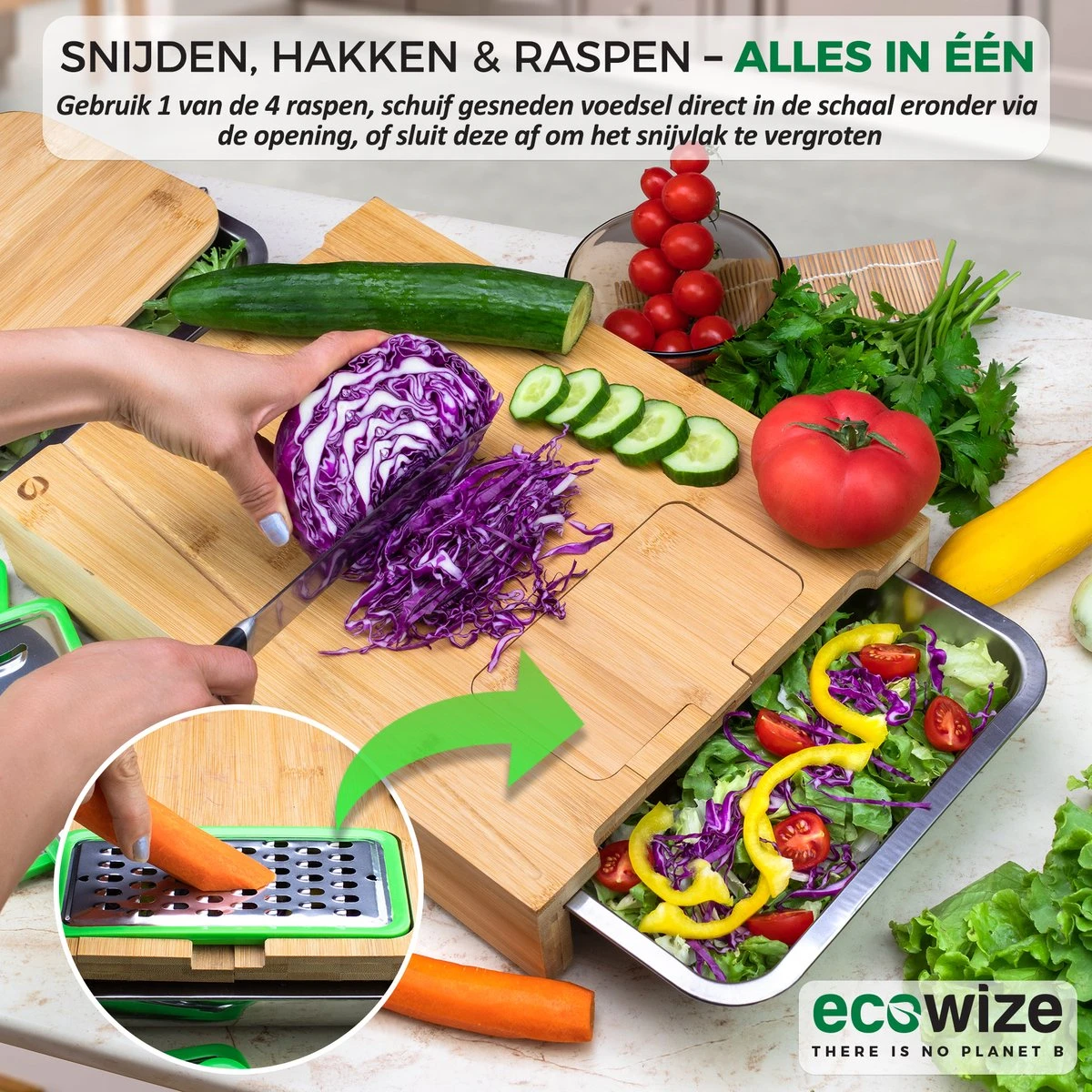 Ecowize 3-in-1 Bamboe Snijplank Met Opvangbak - Snijplank Hout Incl. 3 Roestvrijstalen Opvangbakjes Met Bamboe Deksel, 4 Inzetbare Raspen - Groentesnijder, Hakblok, Borrelplank, Tapasplank, Broodplank - 40x30cm - Duurzaam Cadeau 7 Ecowize 3-in-1 Bamboe Snijplank Met Opvangbak - Snijplank Hout Incl. 3 Roestvrijstalen Opvangbakjes Met Bamboe Deksel, 4 Inzetbare Raspen - Groentesnijder, Hakblok, Borrelplank, Tapasplank, Broodplank - 40x30cm - Duurzaam Cadeau - Afbeelding 5