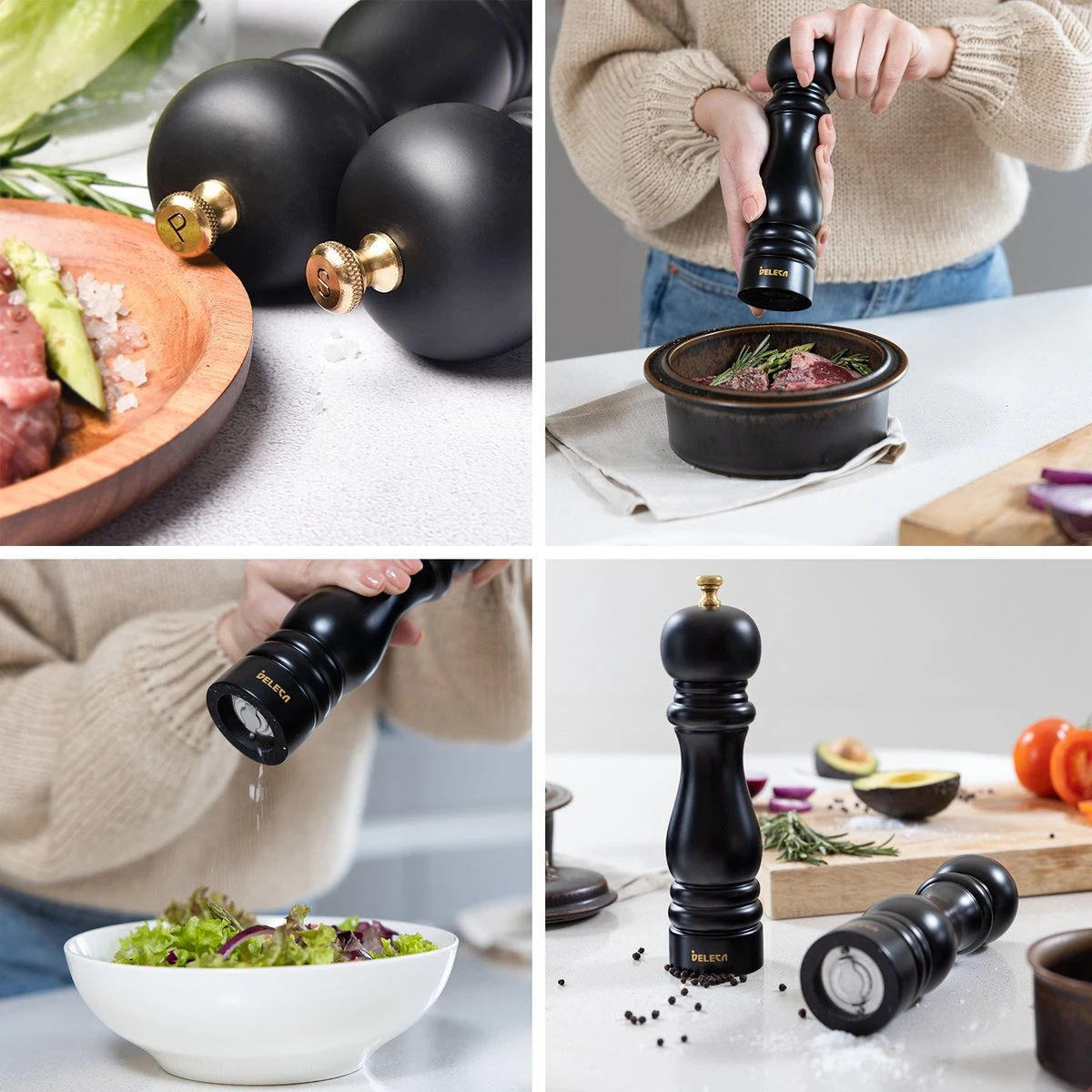 Deleca Luxe Peper En Zoutmolen Set - Met Geschenkdoos - Zout / Pepermolen - Rubberhout - Zwart & Goud 5 Deleca Luxe Peper En Zoutmolen Set - Met Geschenkdoos - Zout / Pepermolen - Rubberhout - Zwart & Goud - Afbeelding 3
