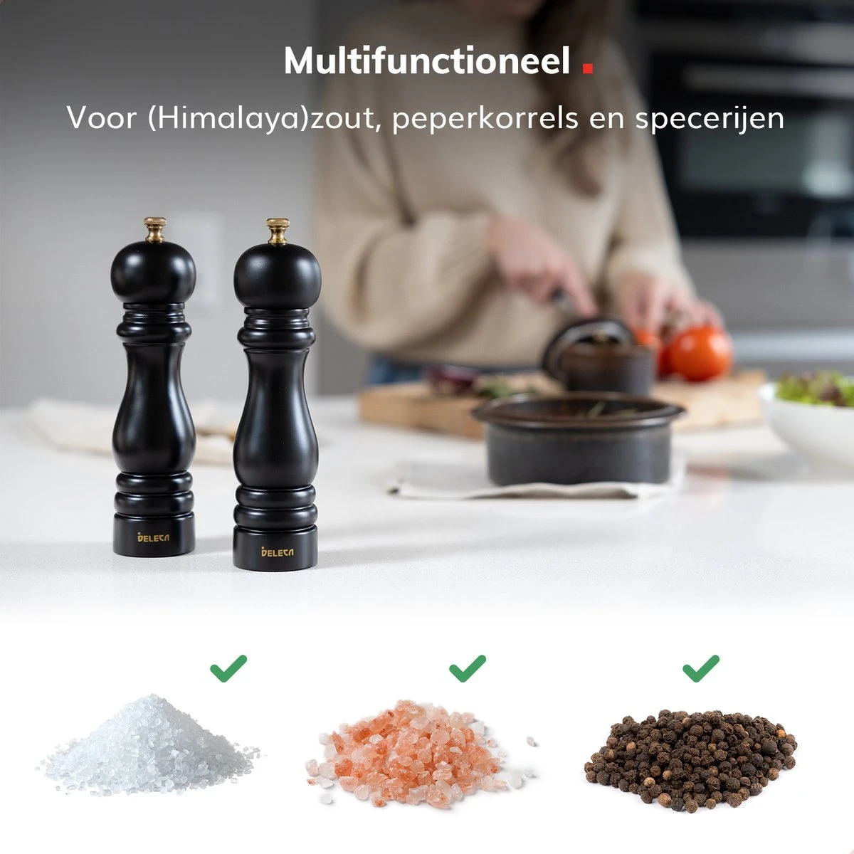 Deleca Luxe Peper En Zoutmolen Set - Met Geschenkdoos - Zout / Pepermolen - Rubberhout - Zwart & Goud 9 Deleca Luxe Peper En Zoutmolen Set - Met Geschenkdoos - Zout / Pepermolen - Rubberhout - Zwart & Goud - Afbeelding 7