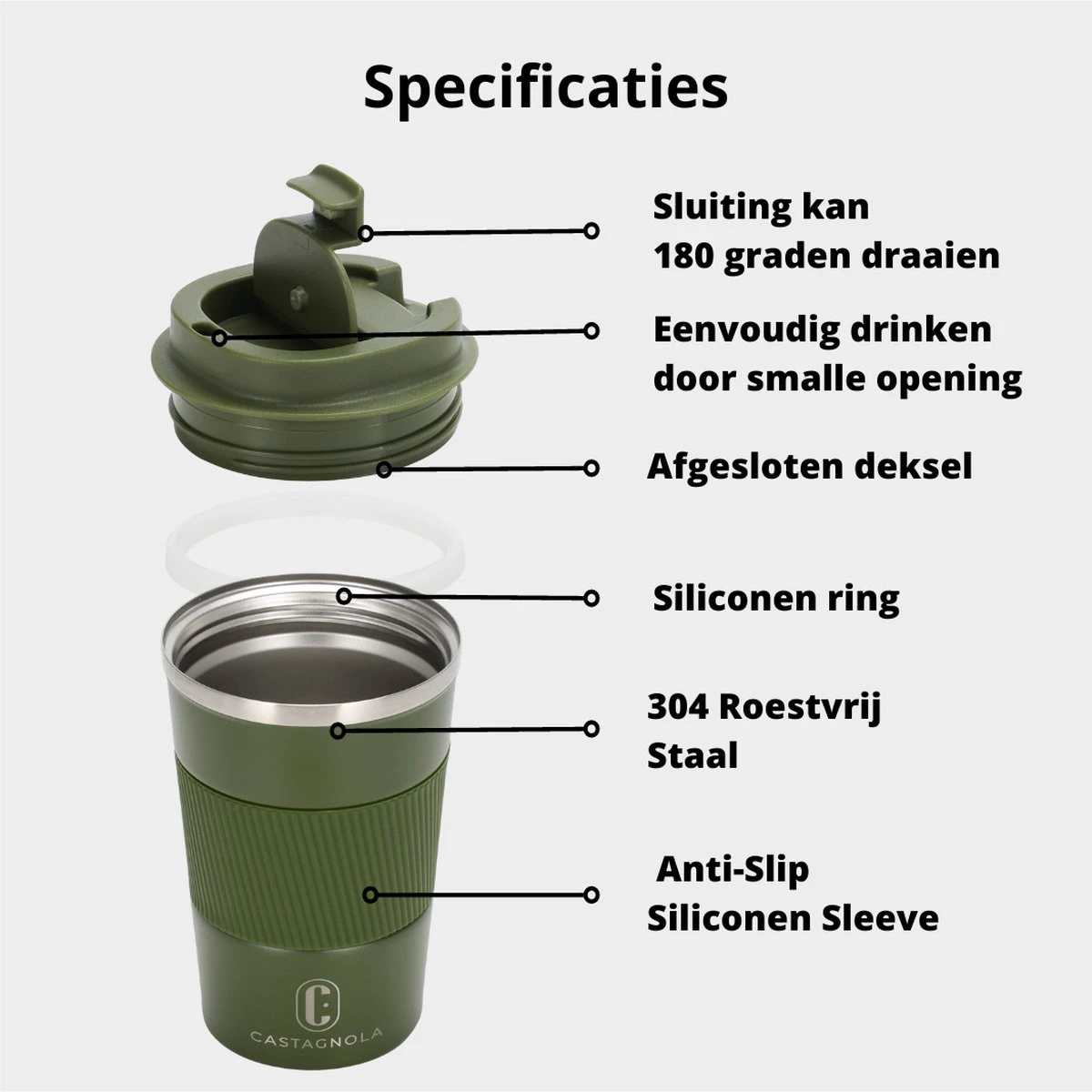 Castagnola Design RVS Koffiebeker To Go - Groen - 380ml - Thermosbeker - Theebeker 7 Castagnola Design RVS Koffiebeker To Go - Groen - 380ml - Thermosbeker - Theebeker - Afbeelding 5
