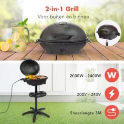 KitchenBrothers Elektrische BBQ - Met Grillplaat - Anti-aanbaklaag - Incl. Plank/Houders - Grilloppervlak 46,5x33,8cm - Tot 300°C - 2400W - Zwart -Woonkeuken Winkel 1200x1200 829