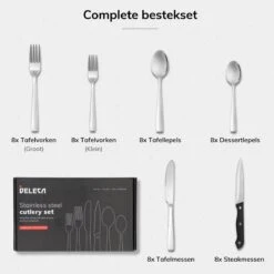Deleca 8 Persoons Bestekset (48-delig) - Lepels, Messen, Vorken & Steakmessen - Vaatwasserbestendig - Zilver / RVS -Woonkeuken Winkel 1200x1200 946