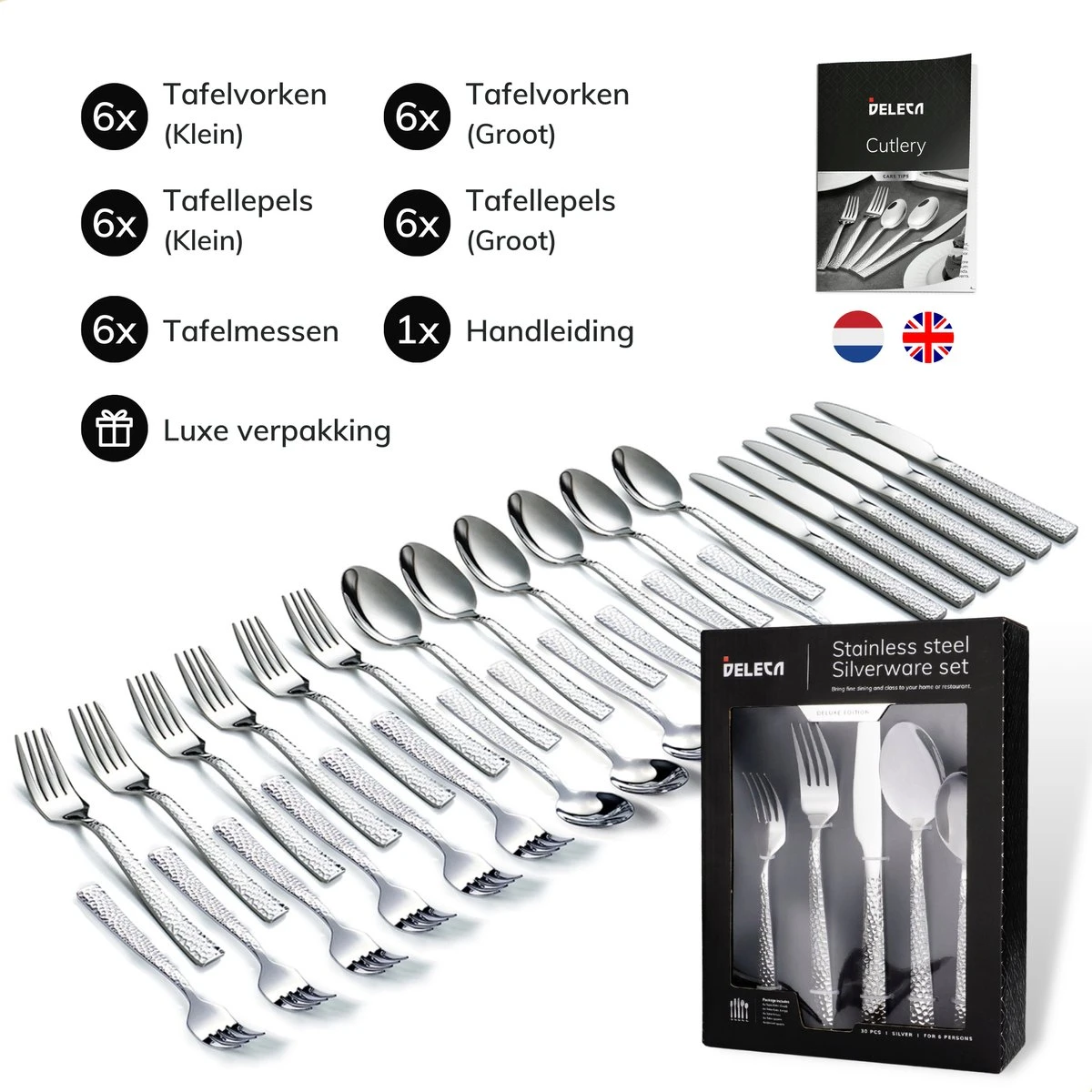 Deleca 6 Persoons Bestekset Deluxe (30-delig) - Vorken, Lepels En Messen - Vaatwasserbestendig - Gehamerd - Zilver / RVS 10 Deleca 6 Persoons Bestekset Deluxe (30-delig) - Vorken, Lepels En Messen - Vaatwasserbestendig - Gehamerd - Zilver / RVS - Afbeelding 8