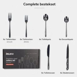 Deleca 6 Persoons Bestekset (36-delig) - Lepels, Messen, Vorken & Steakmessen - Vaatwasserbestendig - Zwart / RVS 19 Deleca 6 Persoons Bestekset (36-delig) - Lepels, Messen, Vorken & Steakmessen - Vaatwasserbestendig - Zwart / RVS -Woonkeuken Winkel 1200x1200 972