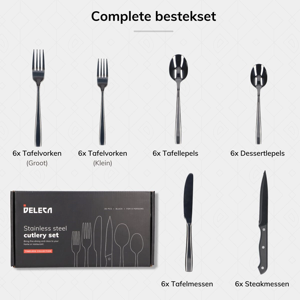 Deleca 6 Persoons Bestekset (36-delig) - Lepels, Messen, Vorken & Steakmessen - Vaatwasserbestendig - Zwart / RVS 10 Deleca 6 Persoons Bestekset (36-delig) - Lepels, Messen, Vorken & Steakmessen - Vaatwasserbestendig - Zwart / RVS - Afbeelding 9