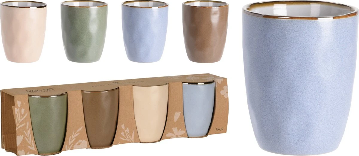 Excellent Houseware Set Van 4x Stuks Luxe Gekleurde Stoneware Bekers/koffiekopjes 280 Ml - Kopjes/koffiebekers 4 Excellent Houseware Set Van 4x Stuks Luxe Gekleurde Stoneware Bekers/koffiekopjes 280 Ml - Kopjes/koffiebekers - Afbeelding 2