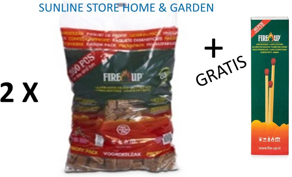 2 Zakken Fire-Up Aanmaakblokjes Van 300 Stuks + 1 Doos Lange Lucifers Van 40 Stuks 3 2 Zakken Fire-Up Aanmaakblokjes Van 300 Stuks + 1 Doos Lange Lucifers Van 40 Stuks