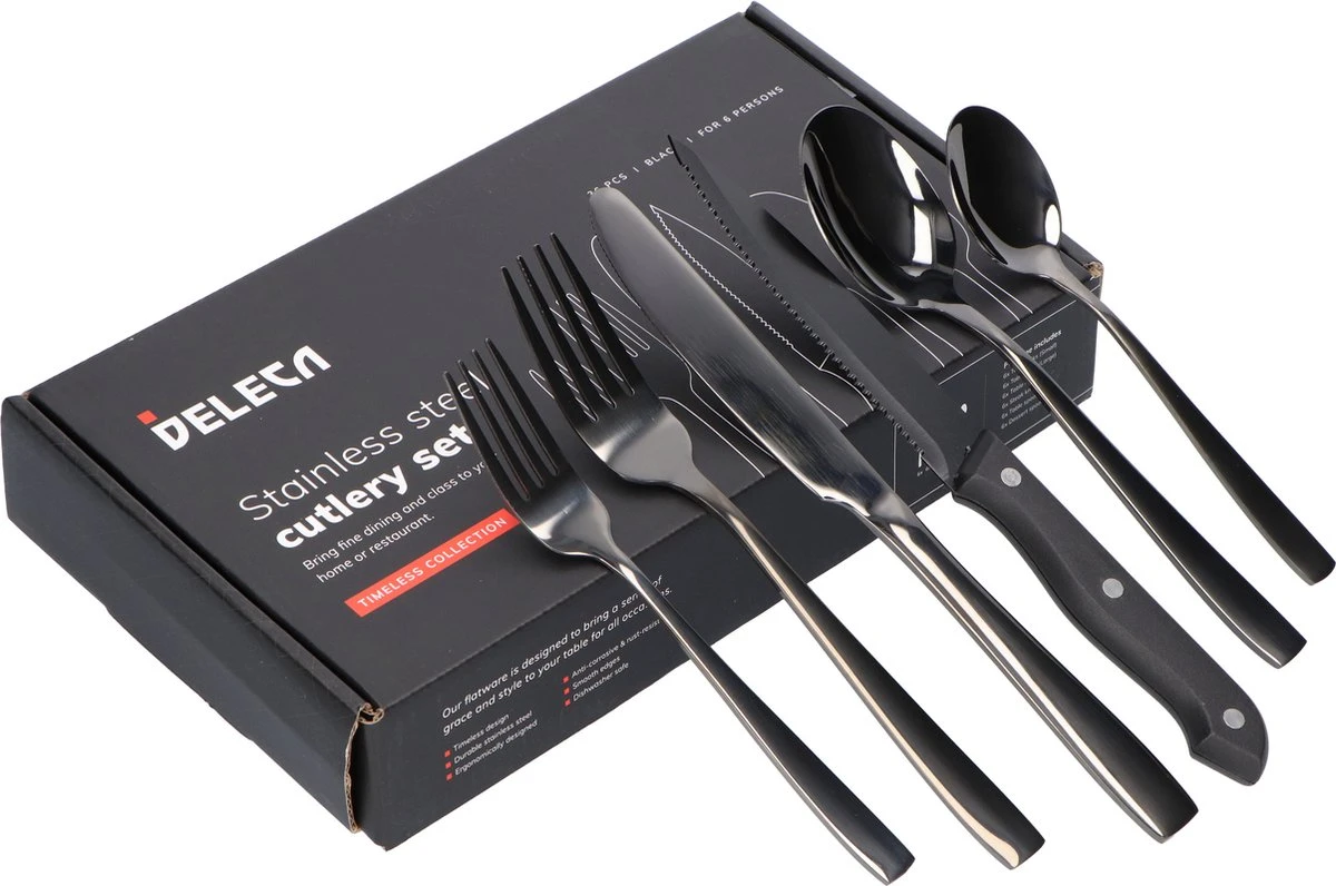 Deleca 6 Persoons Bestekset (36-delig) - Lepels, Messen, Vorken & Steakmessen - Vaatwasserbestendig - Zwart / RVS 11 Deleca 6 Persoons Bestekset (36-delig) - Lepels, Messen, Vorken & Steakmessen - Vaatwasserbestendig - Zwart / RVS - Afbeelding 10