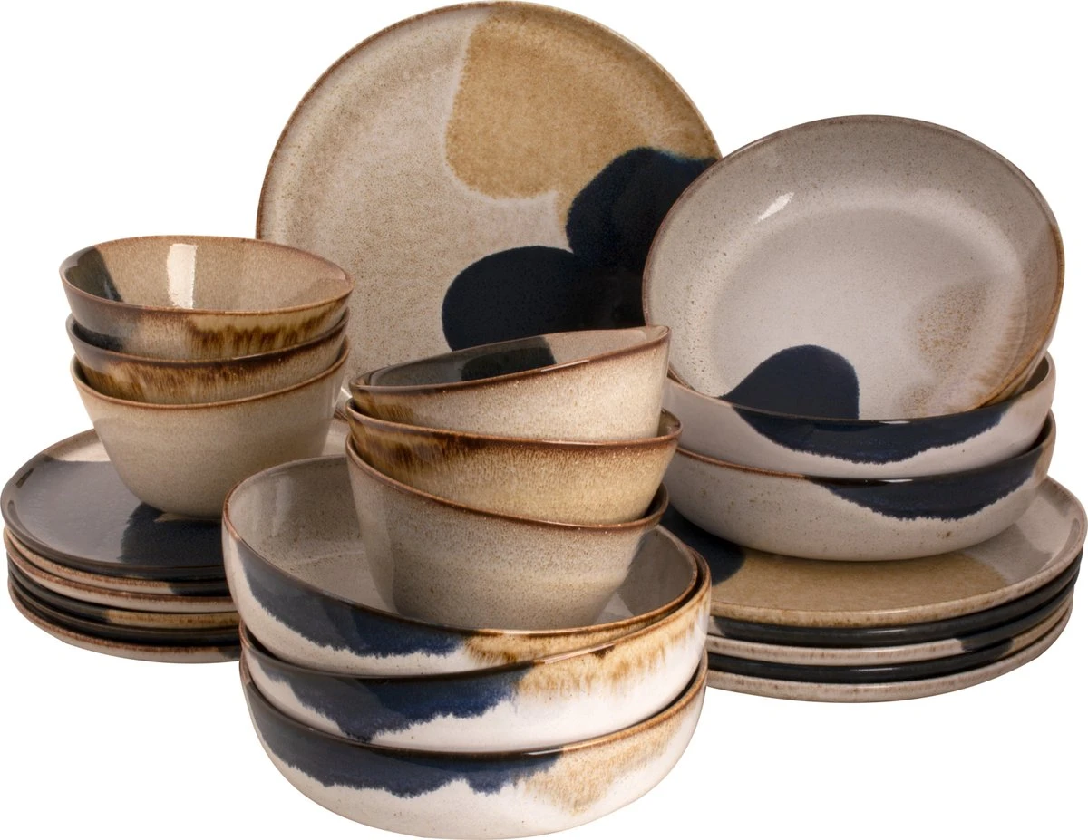 Palmer Serviesset Aquarel Stoneware 6-persoons 24-delig Beige Blauw 3 Palmer Serviesset Aquarel Stoneware 6-persoons 24-delig Beige Blauw