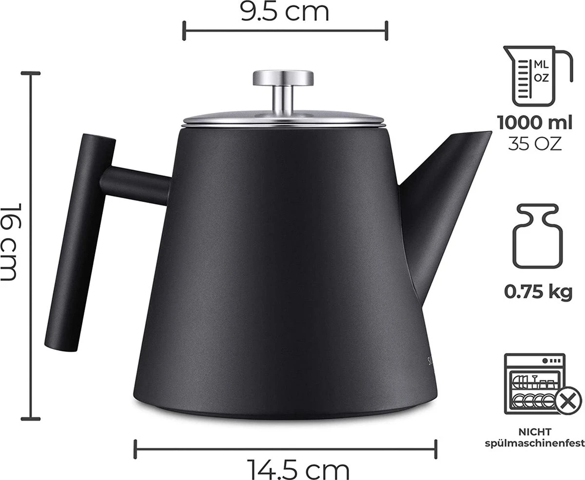 Silberthal - Theepot Met Filter - 1 L - RVS Dubbelwandig - Zwart - Cadeau 8 Silberthal - Theepot Met Filter - 1 L - RVS Dubbelwandig - Zwart - Cadeau - Afbeelding 6