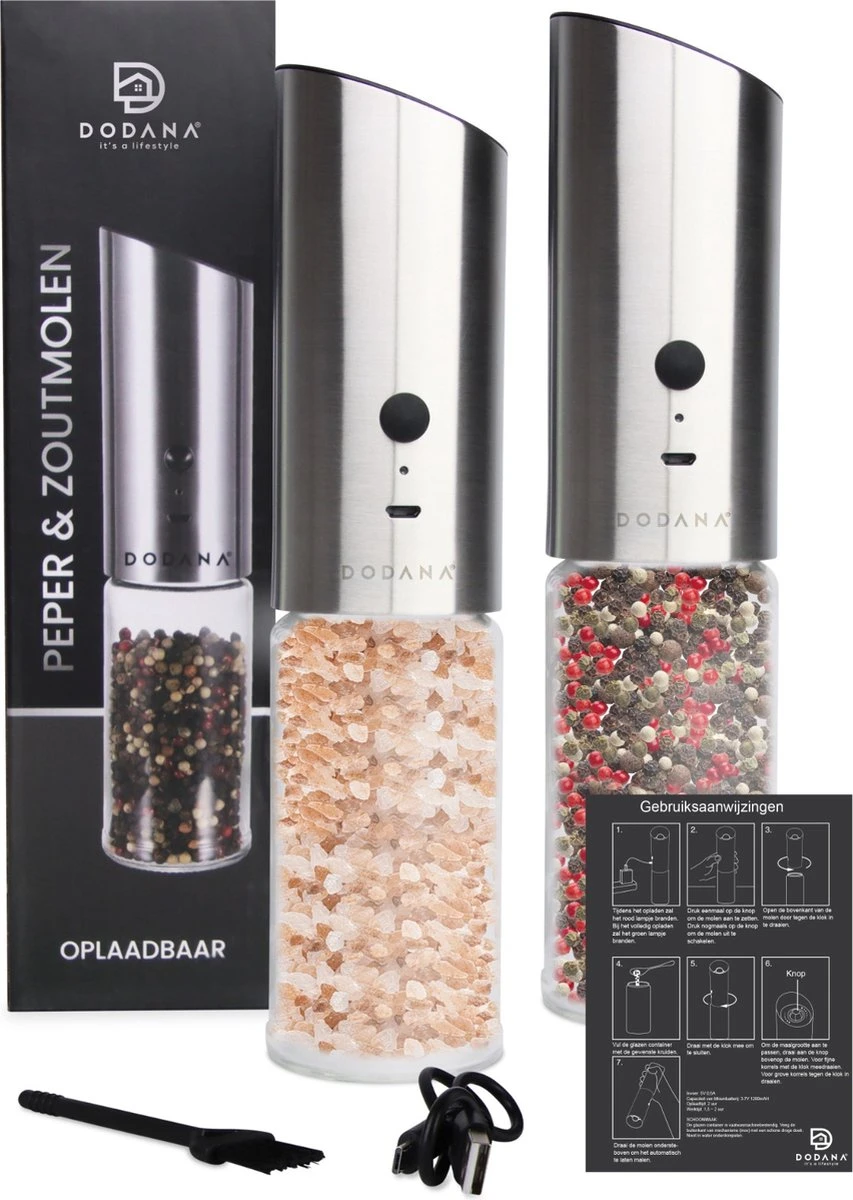 DODANA Premium Peper - & Zoutmolen Elektrisch - 1 Stuk - Pepermolen - Zoutmolen - Oplaadbaar - USB - Elektrische Pepermolen - RVS - Zwaartekracht Functie - LED Lamp - Nl Handleiding - Incl Borsteltje 3 DODANA Premium Peper - & Zoutmolen Elektrisch - 1 Stuk - Pepermolen - Zoutmolen - Oplaadbaar - USB - Elektrische Pepermolen - RVS - Zwaartekracht Functie - LED Lamp - Nl Handleiding - Incl Borsteltje